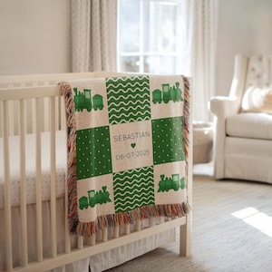 Personalized Green Train Baby Blanket, Custom Name Baby Blanket with Trains, Nursery Decor Train, Baby Shower Gift Train Blanket Baby Boy
