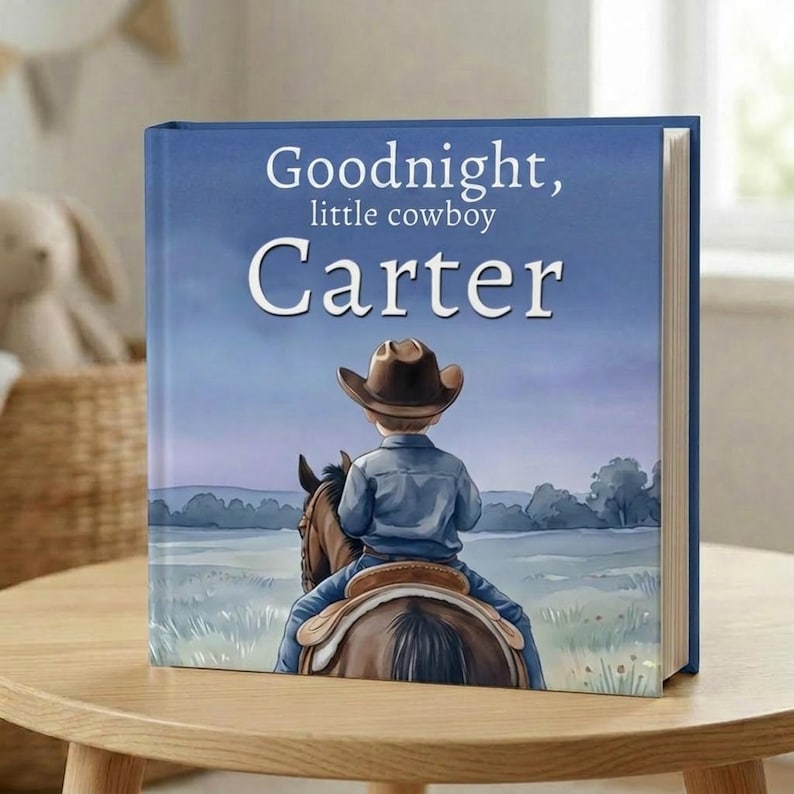 Pode incluir: Um livro infantil com o t&iacute;tulo "Goodnight, little cowboy Carter" na capa. A ilustra&ccedil;&atilde;o mostra um jovem cowboy montado a cavalo contra um c&eacute;u azul. O livro est&aacute; numa mesa de madeira. O livro tem uma capa azul.