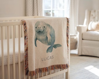 Personalized Manatee Baby Blanket, Custom Ocean Baby Gift with Name, Underwater Nursery Decor for Boys or Girls, Marine Animal Blanket