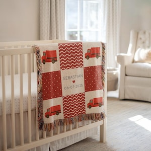 Personalized Red Truck Baby Blanket, Custom Name Patchwork Blanket for Boys, Farm Truck Nursery Decor, Toddler Blanket Baby Shower Gift