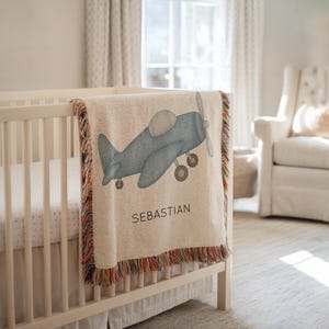 Personalized Vintage Airplane Baby Blanket, Custom Blue Plane Nursery Throw with Name, Baby Boy Aviation Gift, Pilot Baby Gift Babyshower