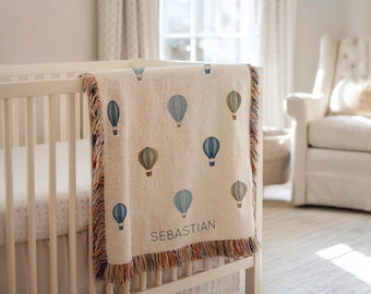 Personalized Hot Air Balloon Baby Blanket, Custom Hot Air Balloon Name Baby Boy Gift, Blue Air Balloon Nursery Throw Balloon Baby Quilt Gift