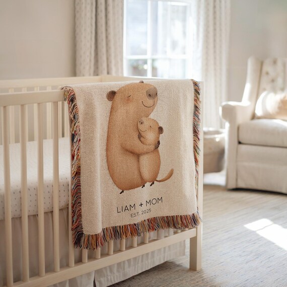 Personalized Capybara Mom & Baby Blanket Custom Name Capybara Animal Throw with Date Mother Child Capybara Nursery Gift, Babyshower Gift Mom