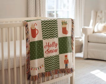 Personalized Christmas Baby Blanket, Custom Name Nutcracker Cocoa Stocking Throw, Vintage Holiday Nursery Gift, Festive Keepsake for Baby