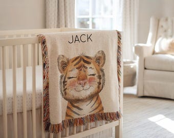 Coperta per neonati personalizzata con tigre safari, coperta con nome di animale della giungla, regalo personalizzato per neonati, coperta per cameretta con tigre, biancheria da letto per culla safari