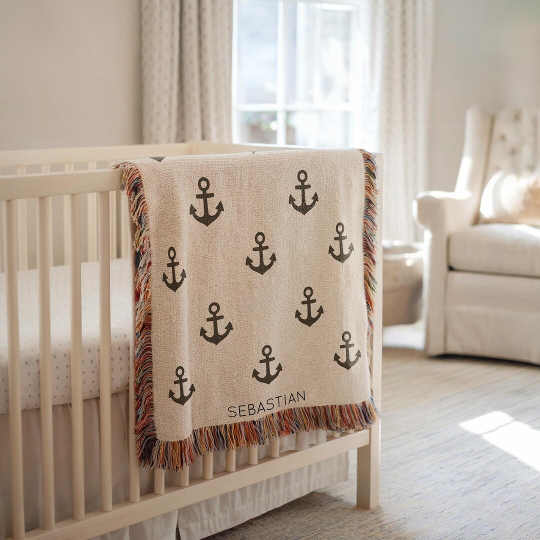 Personalized Baby Blanket 30x40" - Nautical Anchor Chevron Design, Custom Name, Flannel Fleece, Baby Shower Gift