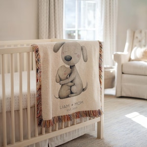 Personalized Dog Mom & Baby Blanket, Custom Name Dog Animal Throw with Date, Mother Child Dog Nursery Gift, Babyshower Gift New Mom
