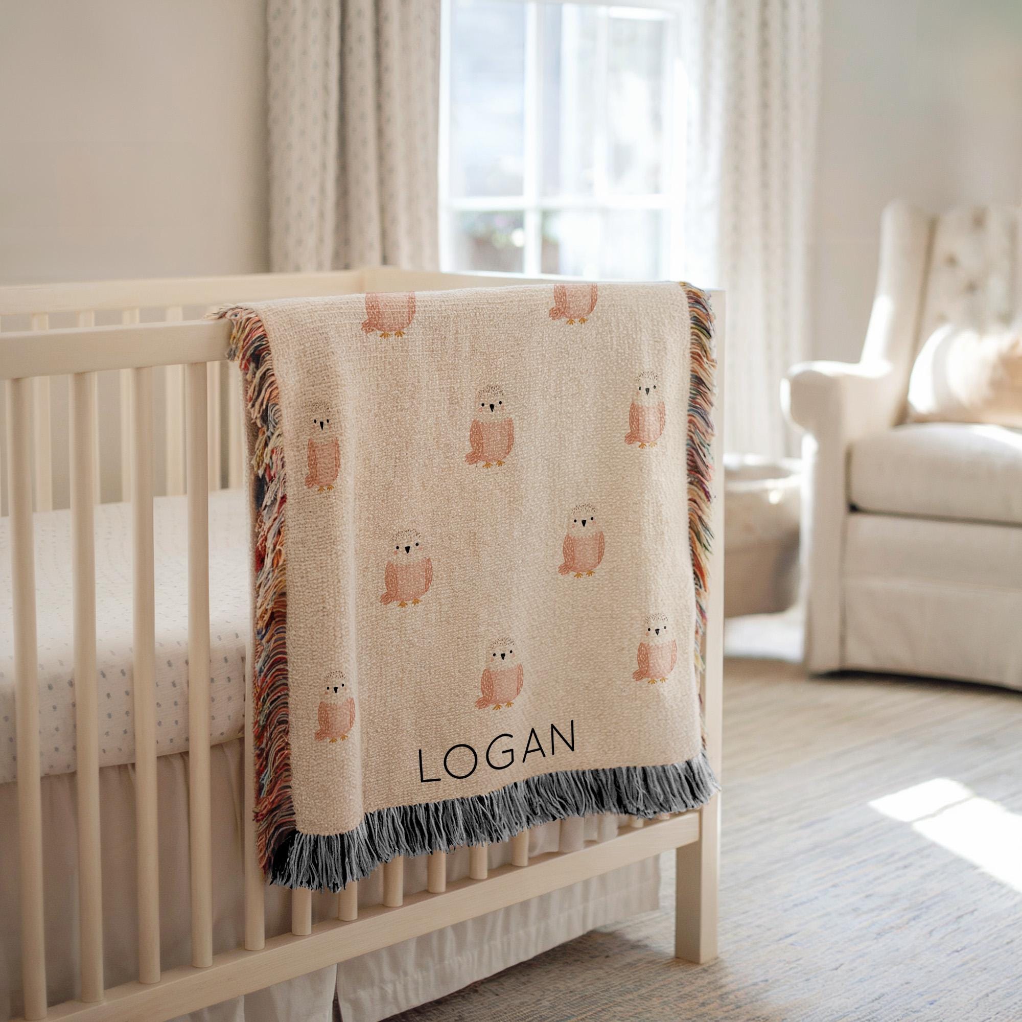 Personalized Owl Baby Blanket, Custom Name Woodland Animal Print Throw, Cozy Forest Nursery Bedding,