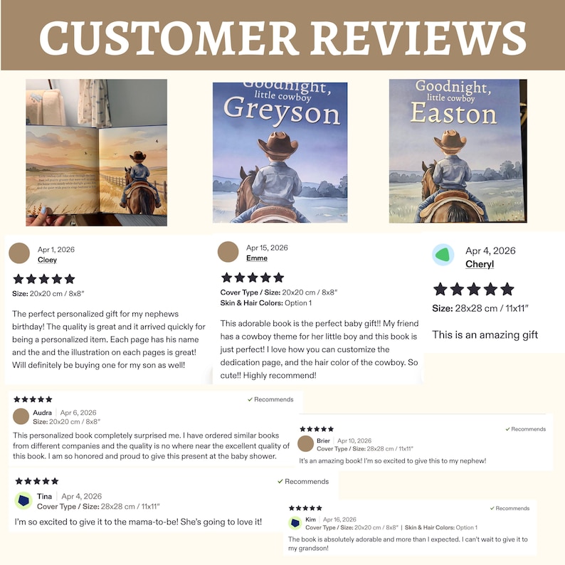 Pode incluir: Avalia&ccedil;&otilde;es de clientes de livros infantis personalizados com tema de cowboy. Os livros apresentam ilustra&ccedil;&otilde;es de um cowboy a cavalo. As avalia&ccedil;&otilde;es mencionam a qualidade e personaliza&ccedil;&atilde;o dos livros.