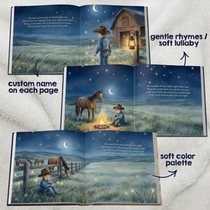 Pode incluir: Um livro infantil ilustrado com cenas de cowboy. O livro aberto mostra um menino, cavalos e uma fogueira sob um c&eacute;u estrelado. O texto inclui rimas suaves e uma paleta de cores suaves.