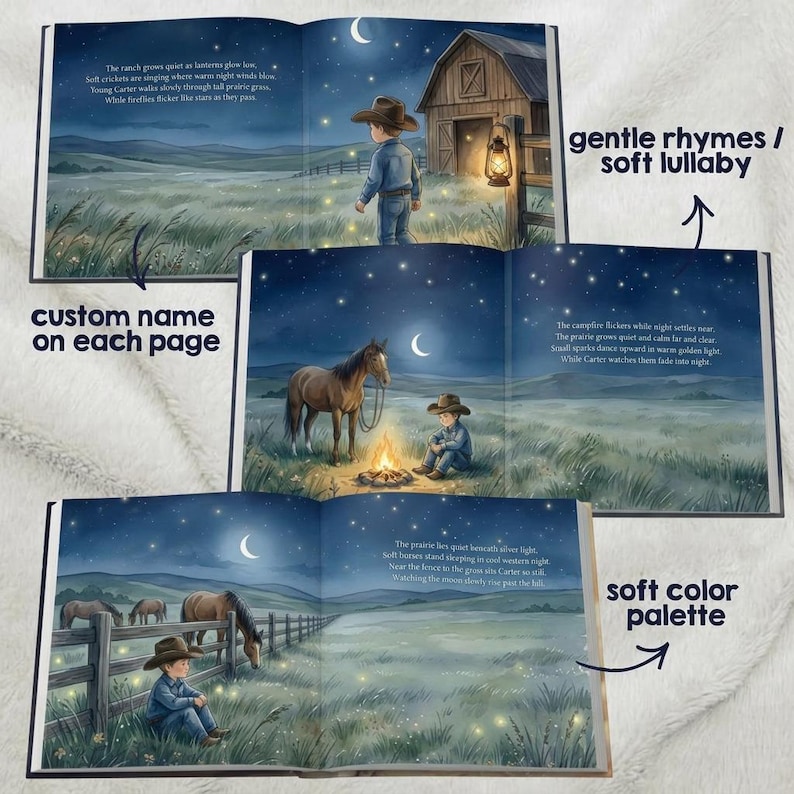 Pode incluir: Um livro infantil ilustrado com cenas de cowboy. O livro aberto mostra um menino, cavalos e uma fogueira sob um c&eacute;u estrelado. O texto inclui rimas suaves e uma paleta de cores suaves.