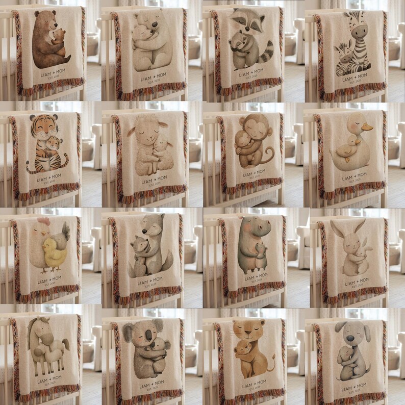 May include: A collection of baby blankets with various animal illustrations, including a bear, zebra, tiger, and monkey, each hugging a baby animal. The blankets are beige with fringed edges and feature the text "LIAM + MOM" and a date.