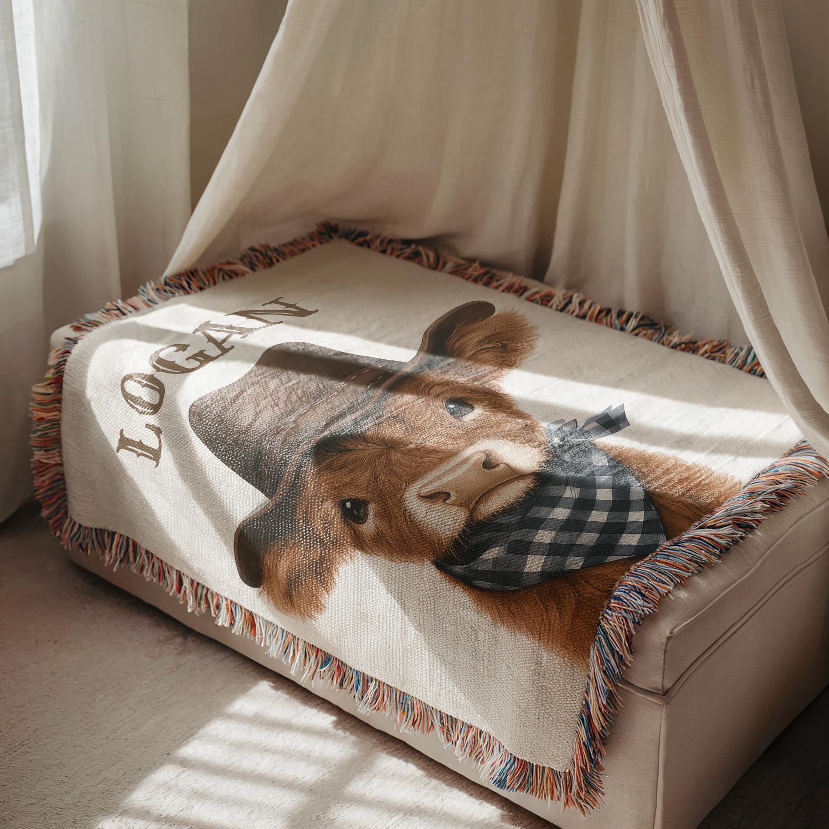 Personalized Highland Cow Baby Blanket, Custom Name Blanket for Boys, Cowboy Nursery Decor, Baby Shower Gift, Western Crib Throw for Boys