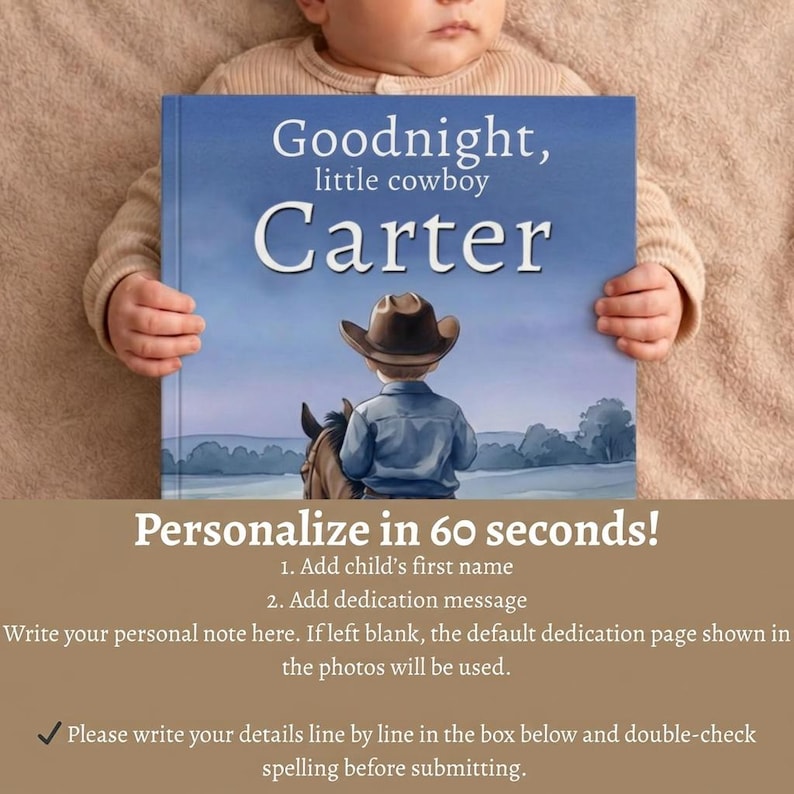 Pode incluir: Um livro infantil personalizado intitulado "Goodnight, little cowboy Carter". A capa apresenta um jovem cowboy a cavalo sob um c&eacute;u estrelado. O livro &eacute; segurado por uma pessoa. O texto na capa diz "Personalize em 60 segundos!"