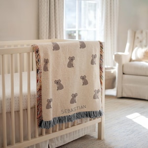 Personalized Koala Baby Blanket, Custom Name Australian Animal Nursery Throw, Baby Shower Gift, Koala Lover Kids Room Decor for Boy or Girl