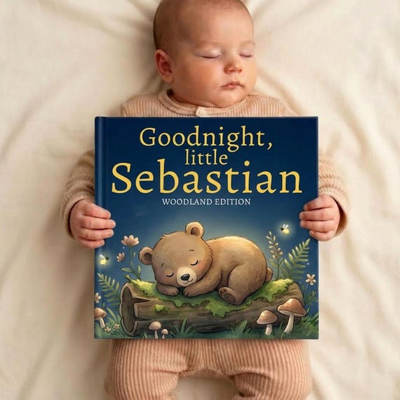 Personalized Bear Bedtime Story Book, Custom Bear Book, Woodland Nursery Decor Gift, Bear Theme Baby Keepsake, Woodland Baby Shower Gift