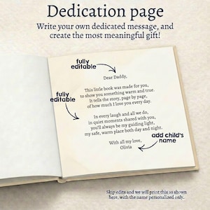 Peut inclure: Page de d&eacute;dicace dans un livre ouvert. Le texte indique &laquo;&nbsp;Page de d&eacute;dicace&nbsp;&raquo; et &laquo;&nbsp;&Eacute;crivez votre propre message d&eacute;di&eacute; et cr&eacute;ez le cadeau le plus significatif&nbsp;!&nbsp;&raquo; La page comprend un po&egrave;me adress&eacute; &agrave; &laquo;&nbsp;Papa&nbsp;&raquo; et invite &agrave; ajouter le nom d'un enfant.