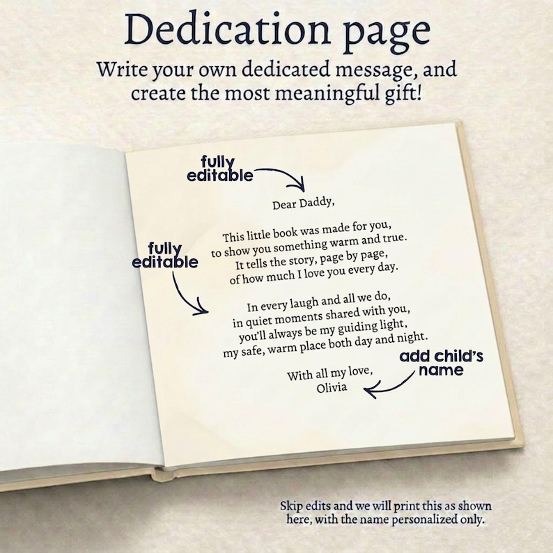 Peut inclure: Page de d&eacute;dicace dans un livre ouvert. Le texte indique &laquo;&nbsp;Page de d&eacute;dicace&nbsp;&raquo; et &laquo;&nbsp;&Eacute;crivez votre propre message d&eacute;di&eacute; et cr&eacute;ez le cadeau le plus significatif&nbsp;!&nbsp;&raquo; La page comprend un po&egrave;me adress&eacute; &agrave; &laquo;&nbsp;Papa&nbsp;&raquo; et invite &agrave; ajouter le nom d'un enfant.