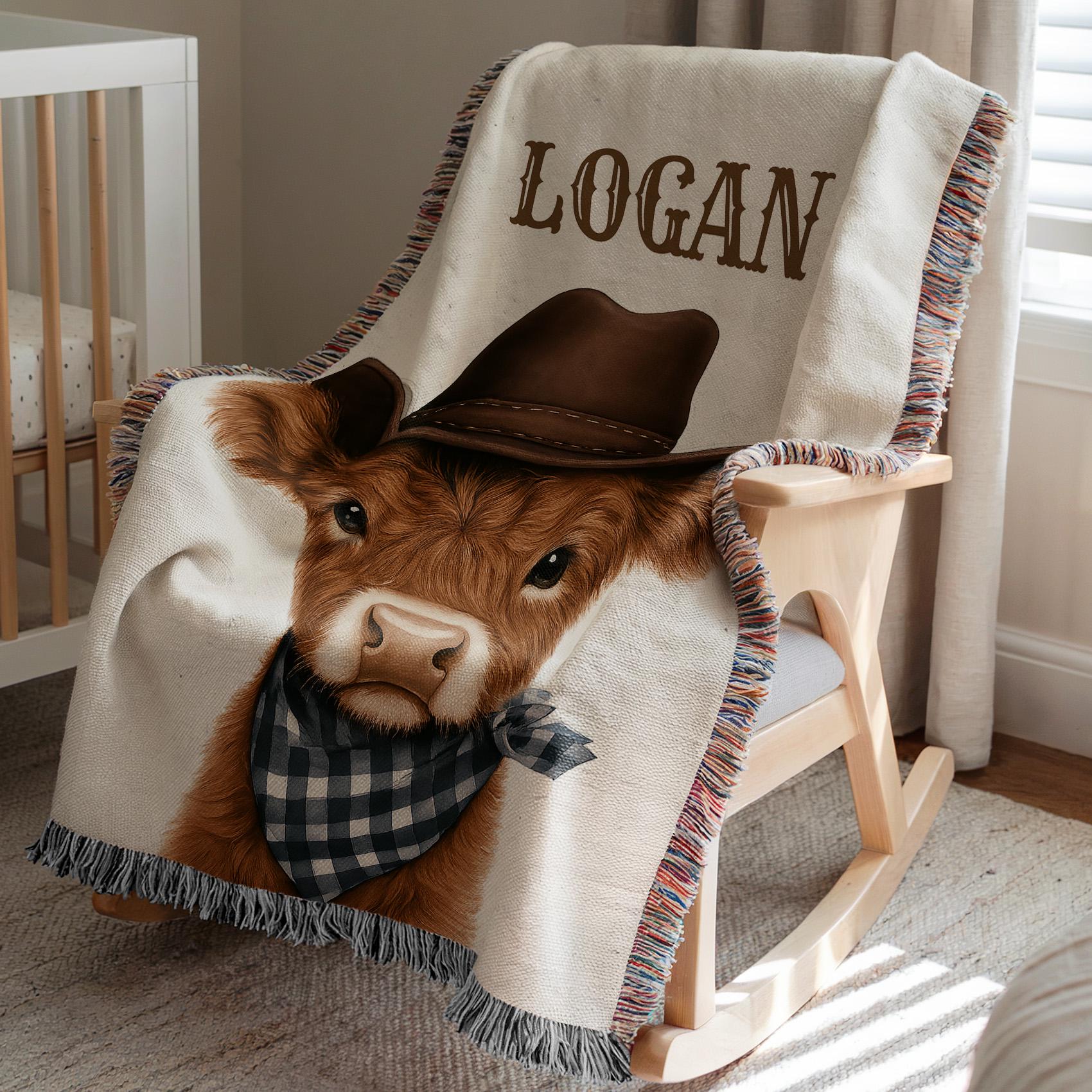 Personalized Highland Cow Baby Blanket, Custom Name Blanket for Boys, Cowboy Nursery Decor, Baby Shower Gift, Western Crib Throw for Boys