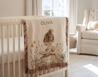 Gepersonaliseerde lezende babydeken meisje, aangepaste naam boekenliefhebber deken, bloemen kinderkamer plaid, leesgrage babydeken, lezer meisje cadeau
