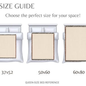 May include: Size guide graphic showing three bed sizes with blankets. The sizes are 37x52 inches, 50x60 inches, and 60x80 inches. The text reads "Choose the perfect size for your space!" and "QUEEN-SIZE BED REFERENCE."