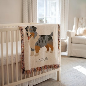 Personalized Australian Shepherd Baby Blanket, Custom Name Aussie Dog Throw, Puppy Gift for Dog Lovers, Cute Baby Shower Gift Idea