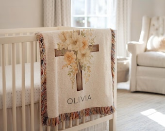 Personalized Baptism Baby Blanket, Sleeping Baby Girl Crib Throw, Custom Christening Gift, Religious Baby Name Blanket, Godchild Gift