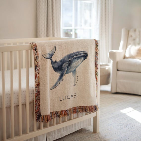 Personalized Whale Baby Blanket, Custom Ocean Baby Gift With Name