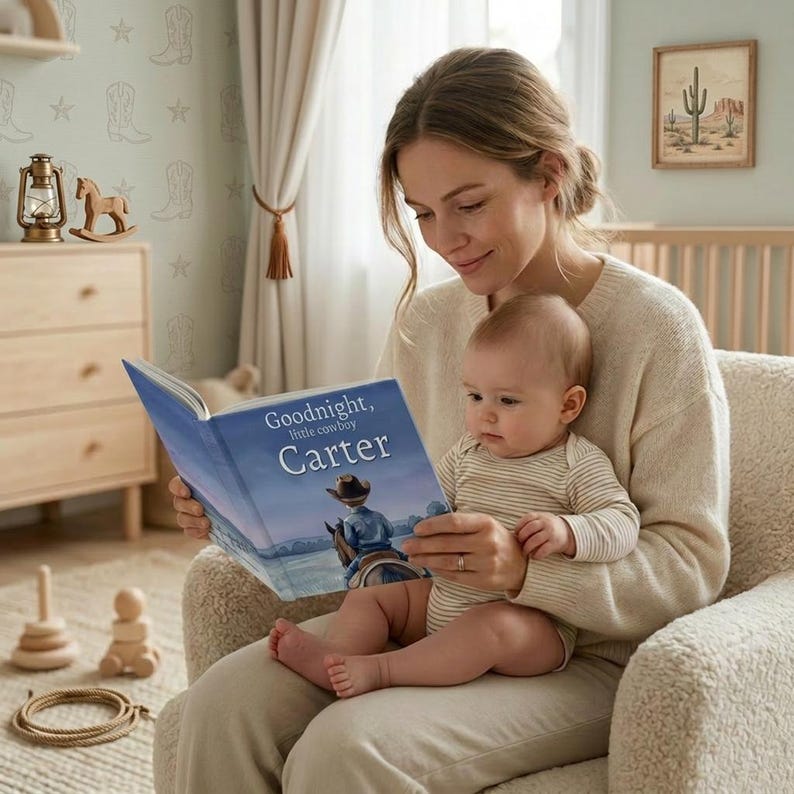 Pode incluir: Uma mulher l&ecirc; um livro intitulado "Goodnight, little cowboy Carter" para um beb&ecirc;. A capa do livro apresenta um cowboy a cavalo. O beb&ecirc; est&aacute; usando um body listrado. O quarto tem uma paleta de cores neutras com decora&ccedil;&atilde;o tem&aacute;tica de cowboy.