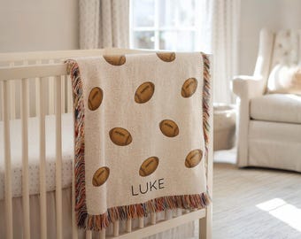Personalized Rugby Ball Baby Blanket, Custom Name Sports Throw for Boys, Rugby Nursery Gift, Baby Boy Rugger Blanket, Game Day Gift
