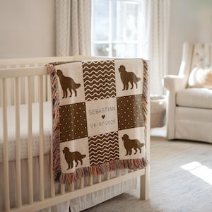 Personalized Golden Retriever Baby Blanket, Custom Name Dog Throw with Date, Puppy Nursery Blanket Gift Baby Boy or Girl, Newborn Dog Decor