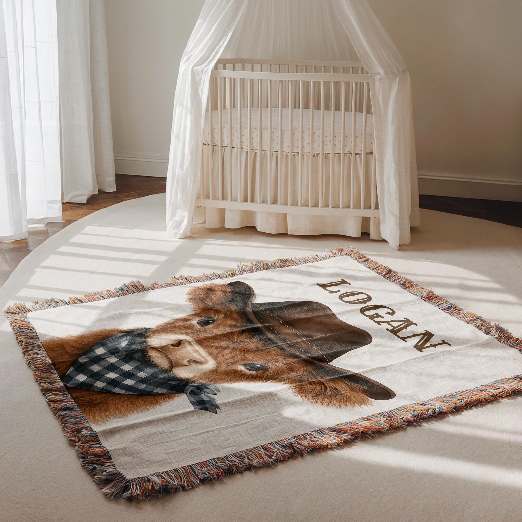 Personalized Highland Cow Baby Blanket, Custom Name Blanket for Boys, Cowboy Nursery Decor, Baby Shower Gift, Western Crib Throw for Boys