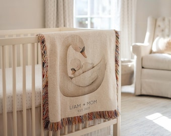 Personalized Swan Mom & Baby Blanket, Custom Name Swan Animal Throw with Date, Mother Child Swan Nursery Gift, Babyshower Gift New Mom