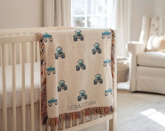 Personalized Blue Monster Truck Baby Blanket, Custom Name Blue Truck Blanket for Boys, Cool Nursery Blanket Baby Shower Gift Monster Truck