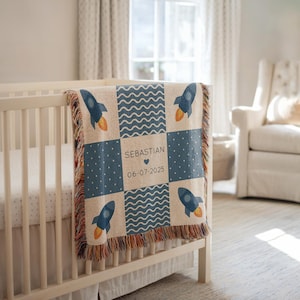 Personalized Blue Rocket Baby Blanket, Space Crib Quilt with Name and Date, Outer Space Nursery Decor, Rocket Ship Baby Gift for Boys