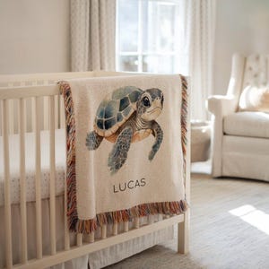 Personalized Sea Turtle Baby Blanket, Custom Ocean Nursery Throw with Name, Baby Shower Gift for Boys or Girls, Marine Animal Blanket