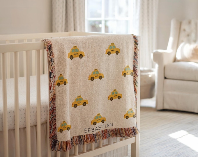 Personalized Yellow Taxi Baby Blanket, Custom Name Cab Throw for Boys, NYC Car Nursery Gift, City Baby Shower Present, Toddler Cab Blanket