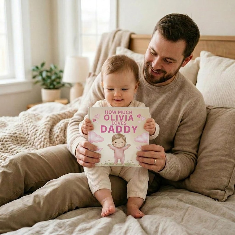 Peut inclure: Un livre personnalis&eacute; pour enfants intitul&eacute; "How Much Olivia Loves Daddy" tenu par un b&eacute;b&eacute; et un homme. La couverture du livre pr&eacute;sente une illustration de dessin anim&eacute; d'un enfant et des nuages roses. Le b&eacute;b&eacute; et l'homme sont assis sur un lit.