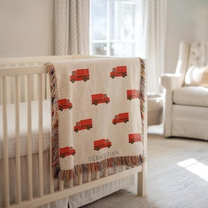 Personalized Red Truck Baby Blanket, Custom Name Patchwork Blanket for Boys, Farm Truck Nursery Decor, Toddler Blanket Baby Shower Gift