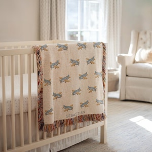 Personalized Airplane Baby Blanket, Custom Name Baby Blanket for Boys, Vintage Plane Nursery Throw, Pilot Baby Gift, Toddler Boy Blanket