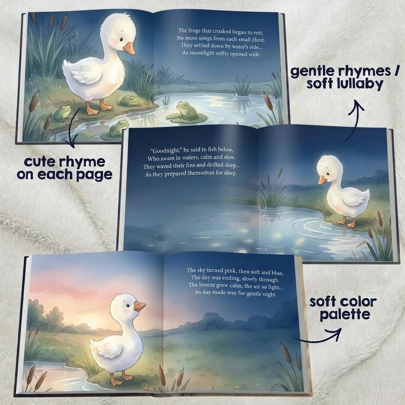 May include: A children's book with illustrations of a white duckling near water. The book features gentle rhymes and a soft color palette. Text on the pages includes phrases like "Goodnight" and "The sky turned pink."