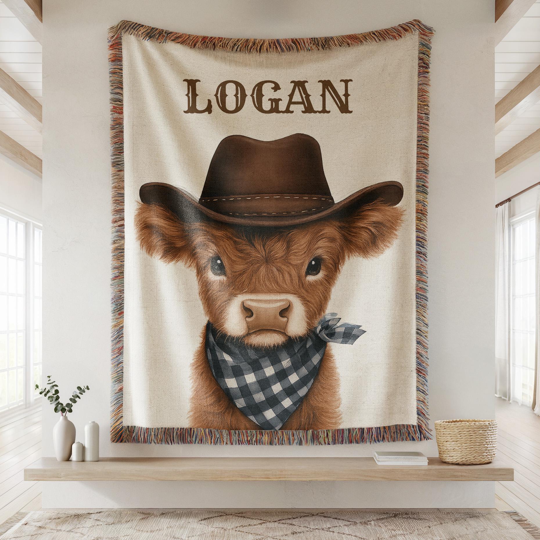 Personalized Highland Cow Baby Blanket, Custom Name Blanket for Boys, Cowboy Nursery Decor, Baby Shower Gift, Western Crib Throw for Boys