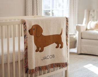 Personalized Dachshund Baby Blanket, Custom Name Wiener Dog Throw, Puppy Gift for Dog Lovers, Cute Sausage Dog Baby Shower Gift