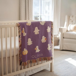 Personalized Ghost Baby Blanket, Halloween Baby Blanket Spooky Baby Name Throw, Fall Baby Gift, Halloween Nursery Blanket Purple with Ghosts