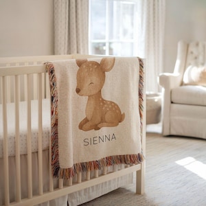 Personalized Deer Baby Blanket, Woodland Nursery Blanket with Name, Custom Baby Shower Gift, Gender Neutral Animal Blanket