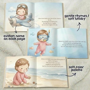 Peut inclure: Un livre pour enfants avec des illustrations &agrave; l'aquarelle. Le livre pr&eacute;sente une palette de couleurs douces et des rimes douces. Le texte dit "Olivia aime papa plus que tous les nuages dans le ciel." Le livre a un nom personnalis&eacute; sur chaque page.