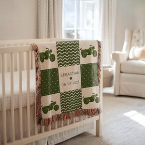 May include: A personalized baby blanket with a green motorcycle design. The blanket features a patchwork pattern with green motorcycles, polka dots, and wavy lines. The center square displays the name "Sebastian", a heart, and the date "06-07-2025". The blanket is draped over a crib.