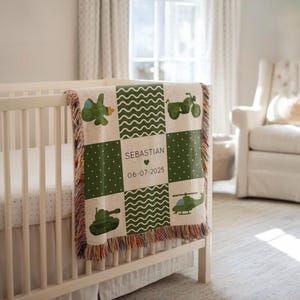 Personalized Military Patchwork Baby Blanket, Custom Name Army Jet Tank Helicopter Throw, Green Camo Nursery Decor Boys, Soldier Baby Gift