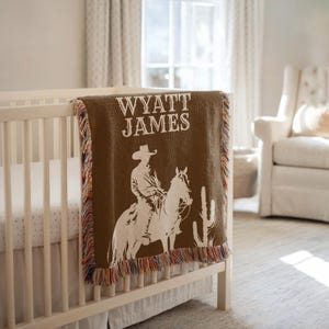 Personalized Cowboy Baby Blanket, Western Horse Name Blanket, Rustic Baby Gift, Custom Wild West Nursery Throw, Cowboy Western Baby Decor