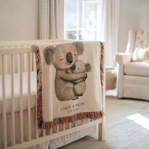 Gepersonaliseerde koala moeder- en babydeken, aangepaste naam koala-dier plaid met datum, moeder kind koala kinderkamercadeau, kraamcadeau nieuwe moeder